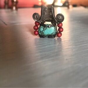 Handcrafted Turquoise and Red Beaded Silver Wire-Wrap Pendant